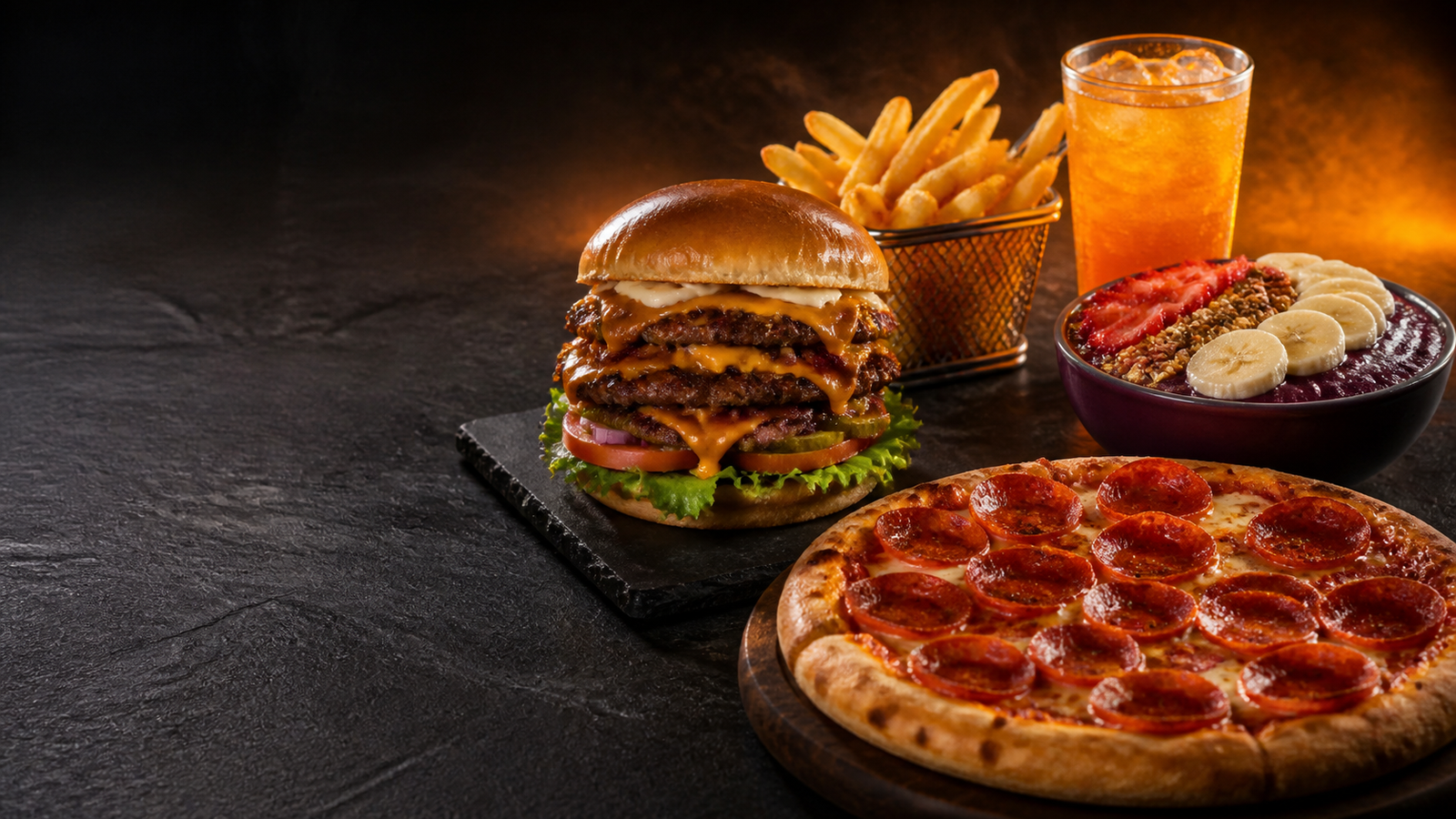 Hambúrguer, pizza, açaí e bebidas